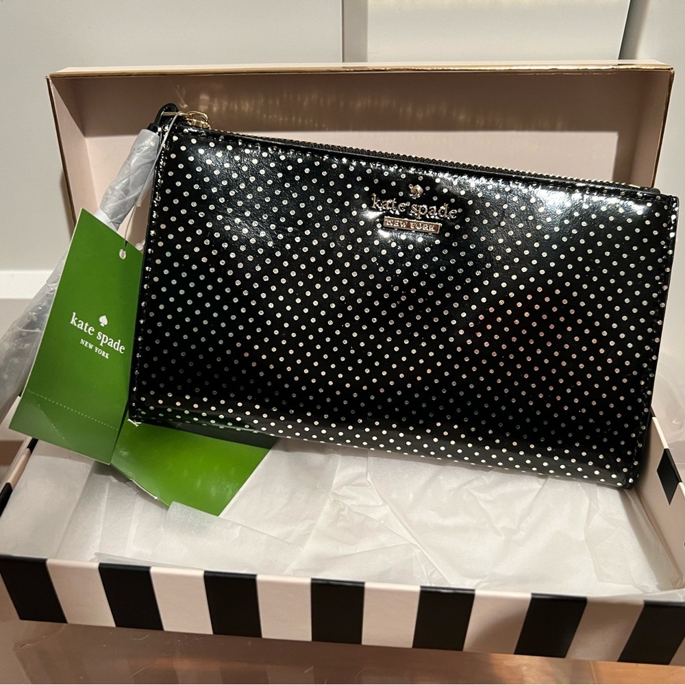 BNWT in gift box Kate Spade Leyna Lilac Street Dot wallet/clutch black/gold